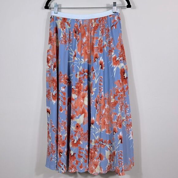 Halogen Floral Blue Pink Lined Spring Pleated Midi Women Skirt Size Small - Picture 1 of 8